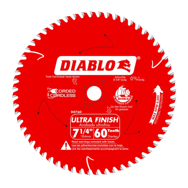 D0760A Blade 7 1/4 x 60 Tooth Carbide-Tipped Ultra Finish Wood  Diablo®
