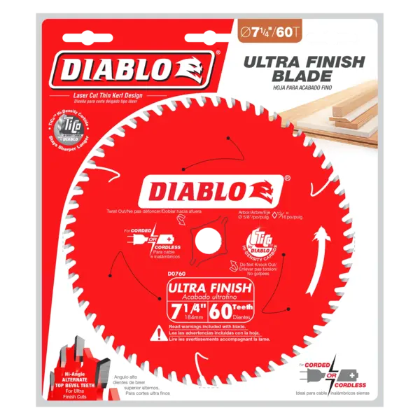 D0760A Blade 7 1/4 x 60 Tooth Carbide-Tipped Ultra Finish Wood  Diablo®