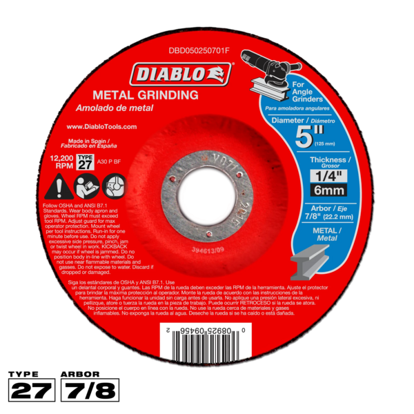 DBD050250701F Grinding Wheel 5 x 1/4 Arbor 7/8  T27  Diablo