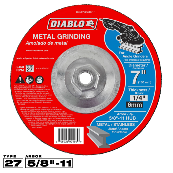DBD070250B01F Grinding Wheel 7 x 1/4 Arbor 5/8-11  T27  Diablo