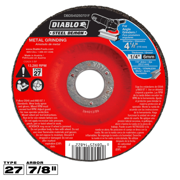 DBDS45250701F Grinding Wheel 4 1/2 T27  Steel Demon Diablo