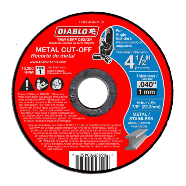 DBD045040115F Cut Off Wheel 4 1/2 X 0.045  T1/41  7/8 Arbor Thin Kerf  Diablo