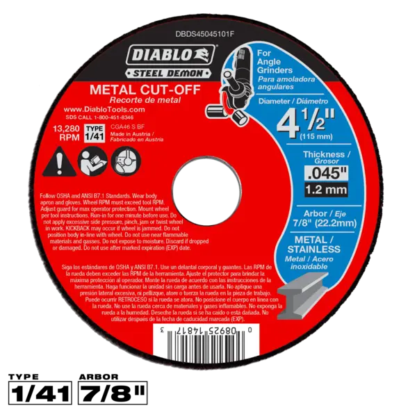 DBDS45045101F Cut Off Disc 4 1/2  T1  Steel Demon™ Diablo®