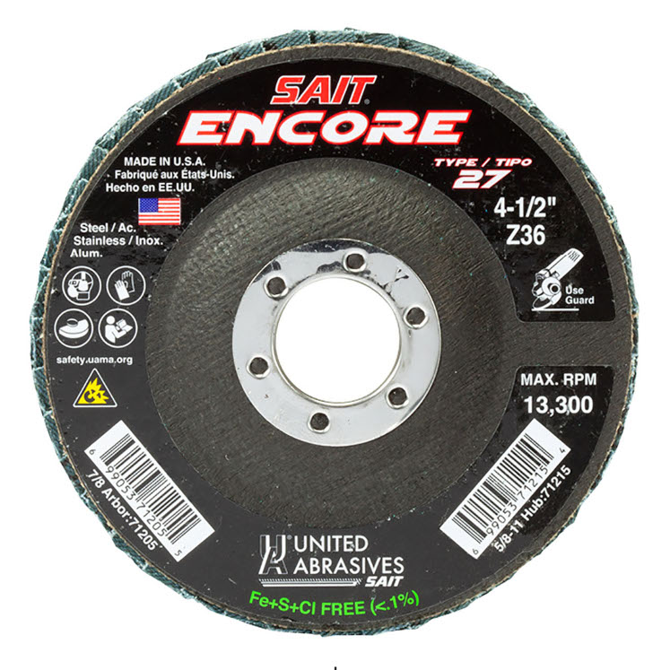 Flap Disc Encore 4 1/2  60 Grit T29  Arbor 5/8-11  Zirconium